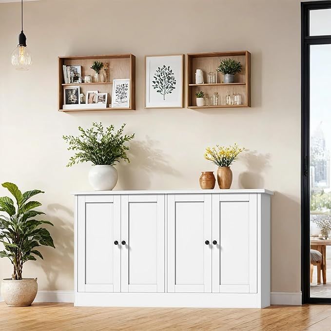 holzart White Buffet Cabinet with Storage, 49" Modern Kitchen Sideboard with 4 Doors & Adjustable Shelves, Wood Coffee Bar Cabinet Console Table for Dining Room, Living Room, Entryway