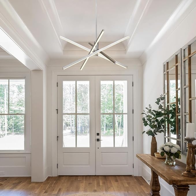 Y'INSP Modern Sputnik Chandeliers, Brushed Nickel Dining Room Light Fixture, LED Linear Pendant Light for Kitchen Island Bedroom Living Room Entryway, LED Embedded Pendant Lighting Fixture
