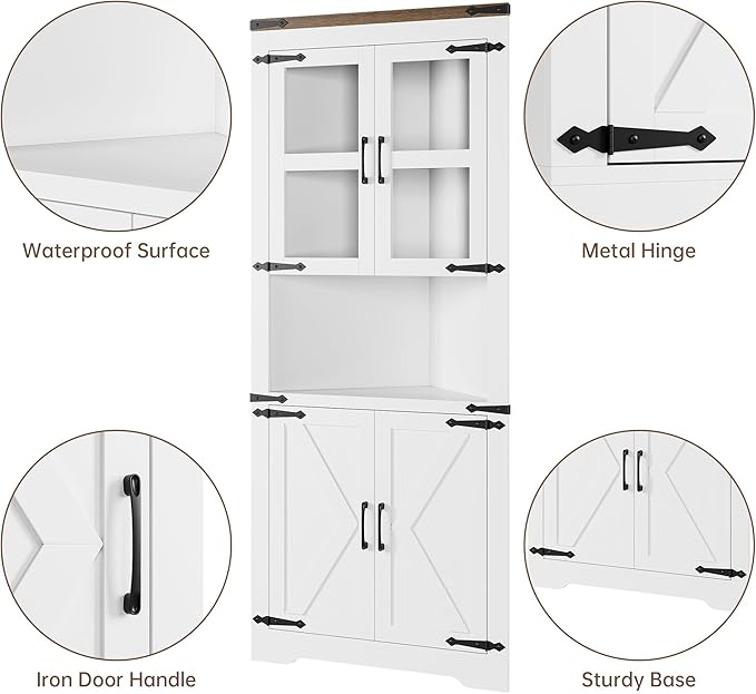 GAOMON Farmhouse Corner Cabinet, Tall Corner Storage with Glass Door & Adjustable Shelves, Bathroom Cabinet with Storage for Living Room, Kitchen, Bathroom, White