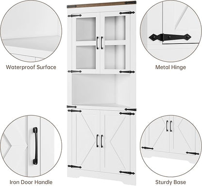 GAOMON Farmhouse Corner Cabinet, Tall Corner Storage with Glass Door & Adjustable Shelves, Bathroom Cabinet with Storage for Living Room, Kitchen, Bathroom, White