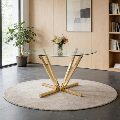 SSLine 45.2" Round Glass Dining Table for 4 Modern Circle Glass Tabletop Kitchen Table for 4 Luxury Dinner Tables with Gold Metal Legs for Home Kitchen Dining Room(Table Only)