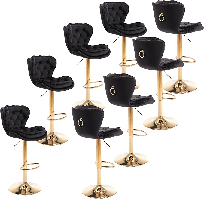 Rhomtree 24-33 Inch Swivel Bar Stools, Adjustable Counter Height Barstools, Velvet Back and Golden Footrest, Bar Chairs for Kitchen Island, Cafe, Bar, Bar Counter, Dining Room, Coffee(Black Set of 8)
