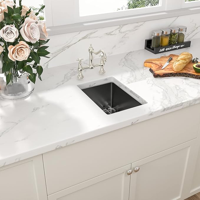 Sarlai 10 Black Bar Sink Undermount - 10x18 Inch Gunmetal Black Stainless 16 Guage Kitchen Bar Prep RV Sinks Deep Single Bowl One Basin