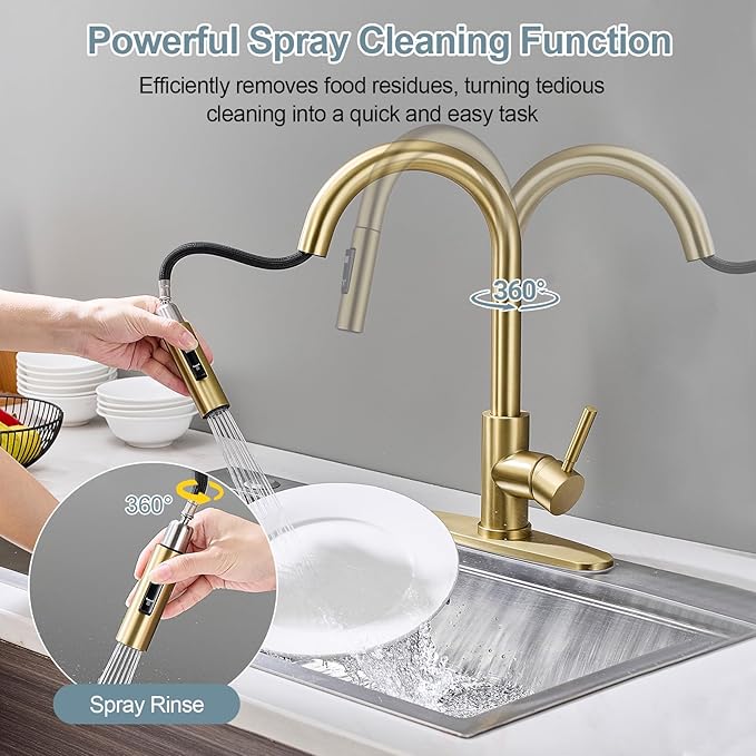 Gold Kitchen Faucets with Pull Down Sprayer, Single Handle High Arc Modern Stainless Steel Sink Faucet with Deck Plate, 1 or 3 Hole Deck Mount for RV, Bar, Farmhouse, Laundry, Outdoor