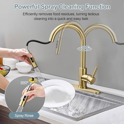 Gold Kitchen Faucets with Pull Down Sprayer, Single Handle High Arc Modern Stainless Steel Sink Faucet with Deck Plate, 1 or 3 Hole Deck Mount for RV, Bar, Farmhouse, Laundry, Outdoor