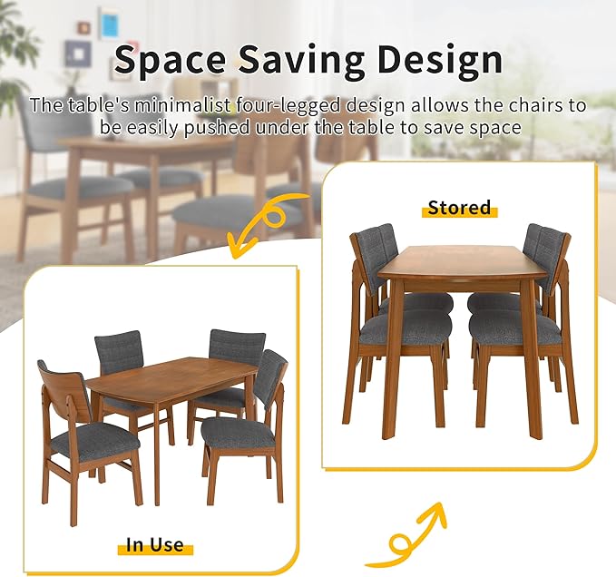 VilroCaz Mid-Century Modern Dining Table Set for 4, Solid Wood Dining Table and 4 Upholstered Chairs, 5 Piece Farmhouse Dining Set for Home, Kitchen, Space Saving (Brown+Gray-1s)