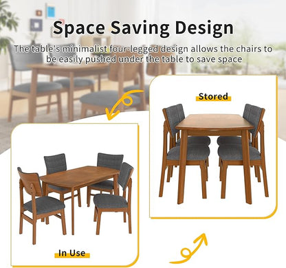 VilroCaz Mid-Century Modern Dining Table Set for 4, Solid Wood Dining Table and 4 Upholstered Chairs, 5 Piece Farmhouse Dining Set for Home, Kitchen, Space Saving (Brown+Gray-1s)
