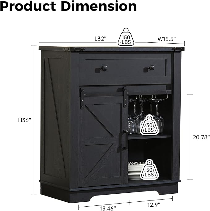 Buffet Cabinet with Storage, Farmhouse Coffee Bar Cabinet with Goblet Holder and Drawer, Sideboard with Barn Door for Kitchen, Dining Room, Living Room, Black