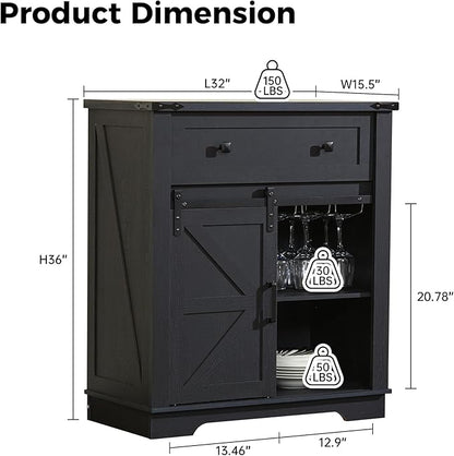 Buffet Cabinet with Storage, Farmhouse Coffee Bar Cabinet with Goblet Holder and Drawer, Sideboard with Barn Door for Kitchen, Dining Room, Living Room, Black