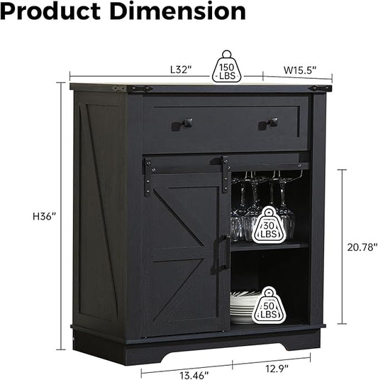 Buffet Cabinet with Storage, Farmhouse Coffee Bar Cabinet with Goblet Holder and Drawer, Sideboard with Barn Door for Kitchen, Dining Room, Living Room, Black