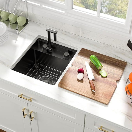 16x17 Inch Outdoor Sink Black Undermount RV Sink Workstation NANO PVD 16 Gauge Stainless Steel Single Bowl Handmade Outdoor Kitchen Sinks With Folding Faucet 16"x17"x9"