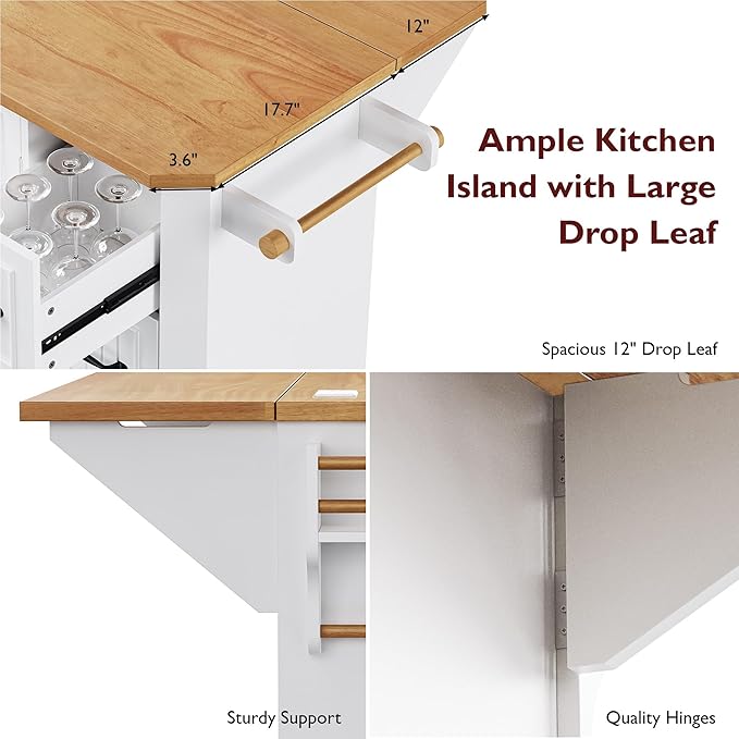 Ball & Cast 56" Large Modern Kitchen Island with Rubber Wood Veneer Drop Leaf, Power Outlet, 6 Drawers, 4 Door Shelves, White