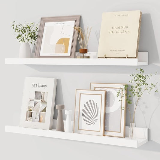 Dreamland Picture Ledge Shelf for Wall, Floating Shelves Set of 2, 24 Inch Long Floating Shelves with Lip for Living Room, Bedroom, Bathroom, Kitchen, White