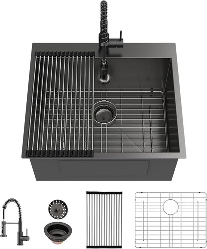 Sarlai Laundry Sink with Faucet Drop In 25"x22"x12" Deep Black Laundry Utility Kitchen Sink Drop-in Topmount Single Bowl Sink 16 Gauge Stainless Steel Gunmetal Black Kitchen Laundry Room Sinks