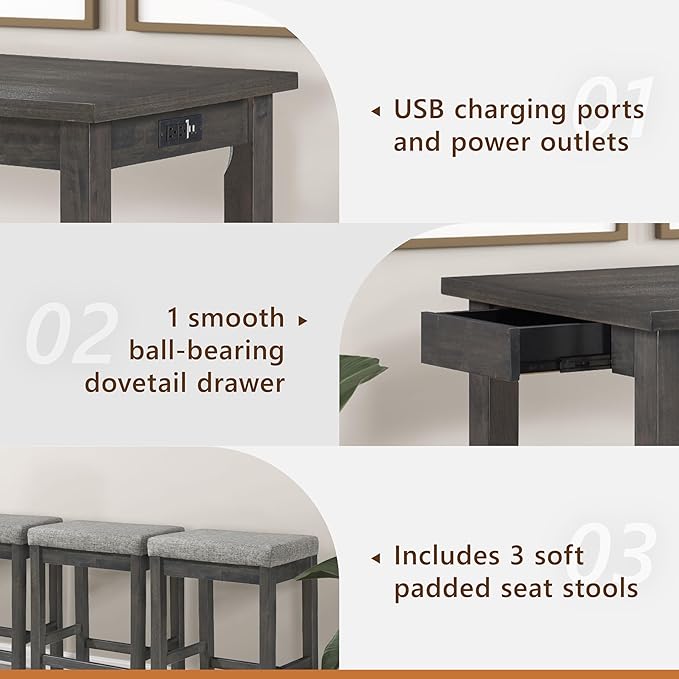 Lexicon 4-Piece Counter Height Table with 3 Stools, Wood Kitchen Counter Table Set with 2 Built-in USB Ports, 2 Charging A/C Power Outlets, Console Drawer, Upholstered Bar Stools, Gray