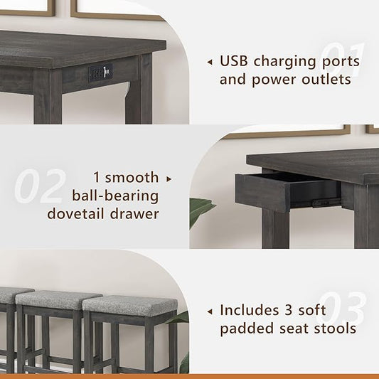 Lexicon 4-Piece Counter Height Table with 3 Stools, Wood Kitchen Counter Table Set with 2 Built-in USB Ports, 2 Charging A/C Power Outlets, Console Drawer, Upholstered Bar Stools, Gray