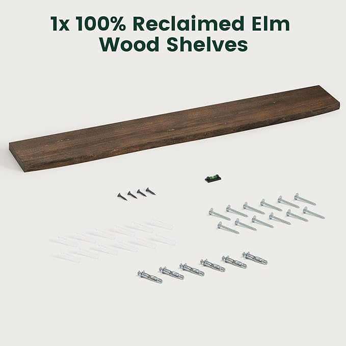 72 Inch Live Edge Floating Shelves, 8 Inch Deep Solid Elm Wood Wall Shelf, Heavy-Duty Wall Mounted Shelf with Invisible Brackets for Living Room, Bathroom, Kitchen, Set of 1, Walnut Color