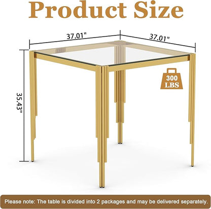 Glass Square Bar Table, 37" Modern High Pub Table with Clear Tempered Glass Top and Polished Gold Stainless Steel Legs, Counter Height Table for Kitchens, Apartments, and Small Spaces