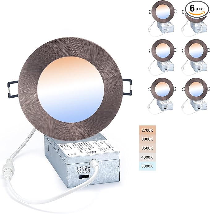 POPANU Premium LED-Canless Downlight Recessed Lighting 4-inch 5 CCT Adjustable Dimmable Recessed Lights Fixture with Junction Box, Ceilling Light with Junction Box, 9W, Oil Rubbed Bronze, 6 Pack