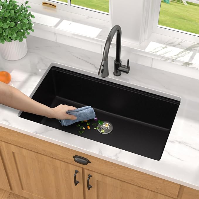 32 Inch Granite Composite Kitchen Sink - Black Undermount Workstation All-In One Classic Quartz Under Counter Single Bowl Sink Basin with Accessories, 32x19#TLGU-101