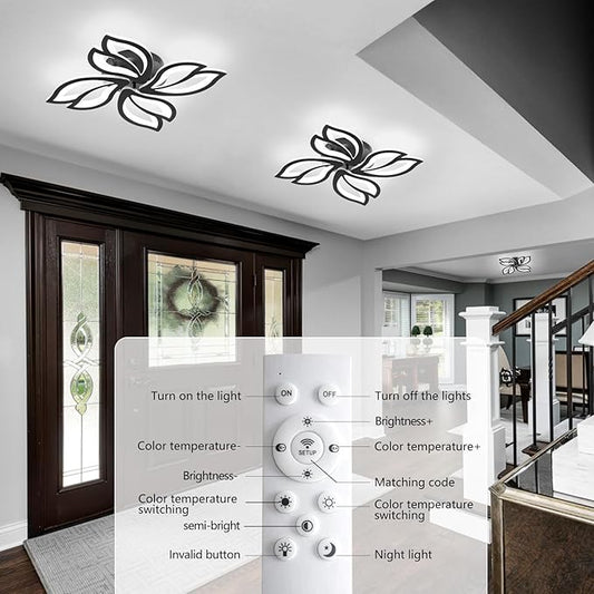 Modern Black Ceiling Light Fixture, 24" Flower Dimmable LED Light Fixtures, Low Profile Flush Mount Ceiling Light with Remote Control for Bedroom, Kitchen, Living Room