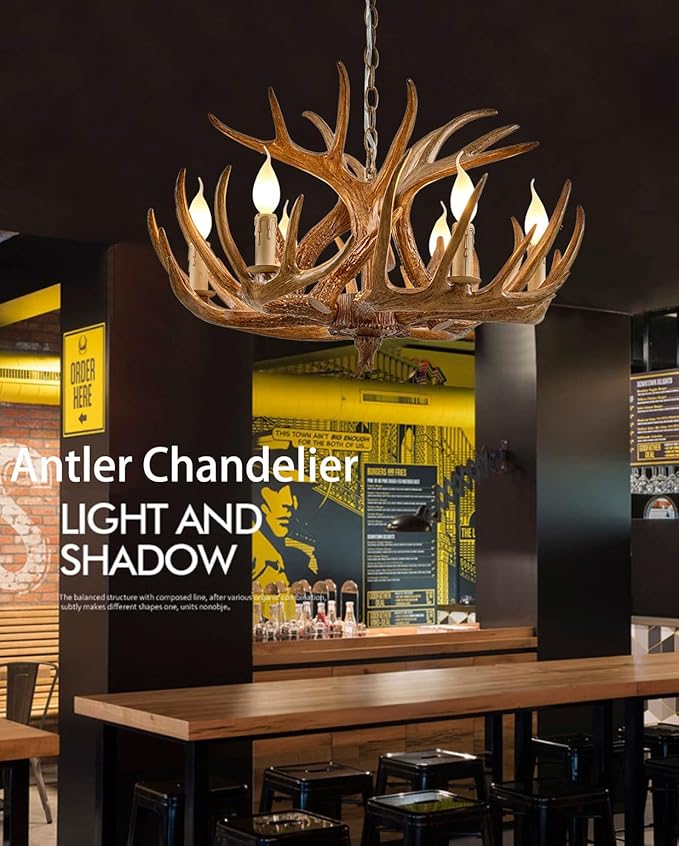 Farmhouse Antler Chandelier, Rustic Deer Antler Chandelier Lighting Fixtures, 6-Light, Vintage Deer Horn Pendant Light Fixtures for Home Bar Coffee Hotel Store (Brown 6 Light Arms+3 arms)