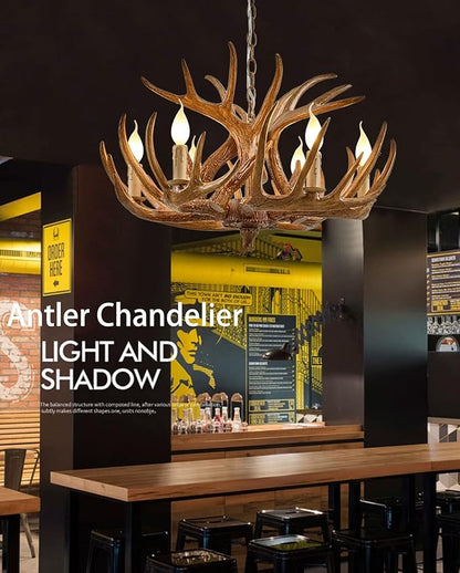 Farmhouse Antler Chandelier, Rustic Deer Antler Chandelier Lighting Fixtures, 6-Light, Vintage Deer Horn Pendant Light Fixtures for Home Bar Coffee Hotel Store (Brown 6 Light Arms+3 arms)