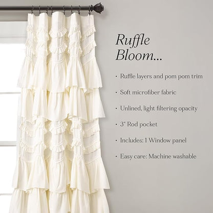 Lush Decor Kemmy Light Filtering Window Curtain Panel Single 52" W x 63" L Ivory - Drapes - Ruffled Curtains for Bedroom - Cream Curtains - Coquette Decor