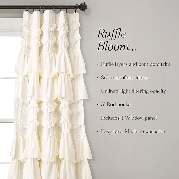 Lush Decor Kemmy Light Filtering Window Curtain Panel Single 52" W x 84" L Ivory - Drapes - Ruffled Curtains for Bedroom - Cream Curtains - Coquette Decor