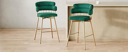 26" Counter Height Bar Stools Set of 2, 180° Swivel Upholstered Bar stools with Backs and Metal Legs, Bar Stools for Kitchen Island, Cafe, Pub,Green