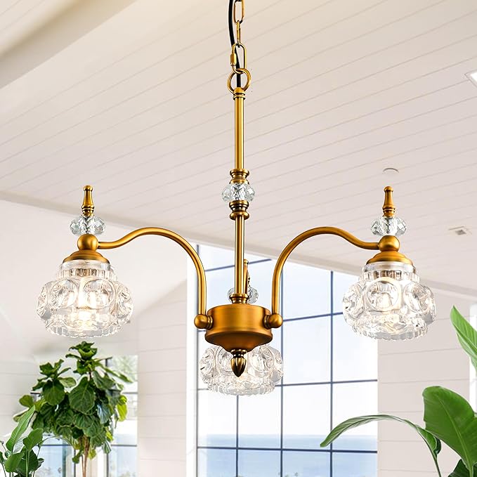 WJShome Vintage Pendant Light Fixture, 3 Lights Gold Glass Pendant Lighting Matte Brushed Antique Brass Finish with Crystal Glass Shade, for Dining Room, Kitchen Island, Bedroom, Living Room, Foyer