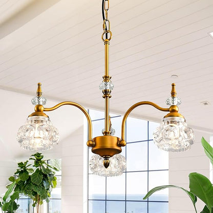 WJShome Vintage Pendant Light Fixture, 3 Lights Gold Glass Pendant Lighting Matte Brushed Antique Brass Finish with Crystal Glass Shade, for Dining Room, Kitchen Island, Bedroom, Living Room, Foyer