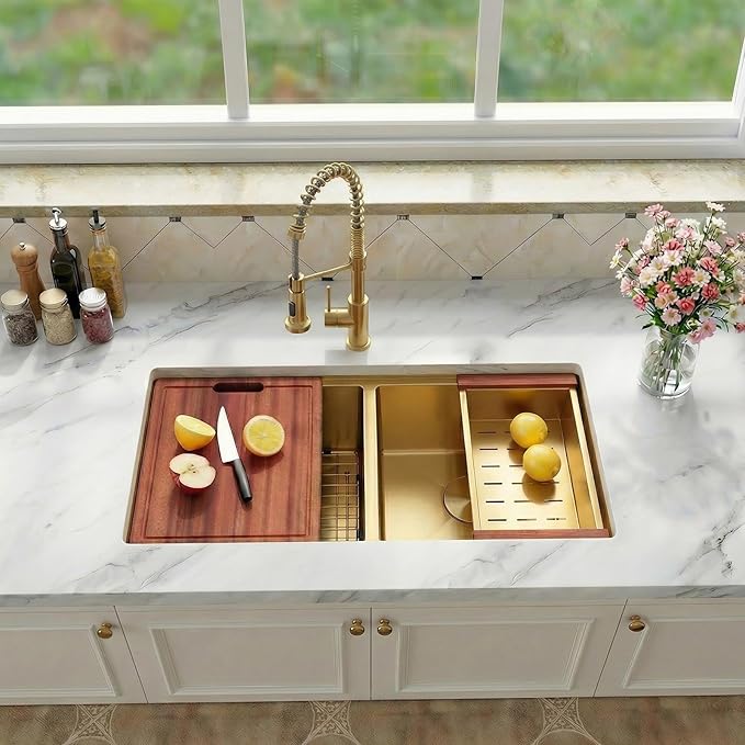 Gold Undermount Kitchen Sink 32 x 18 Inch, 50/50 Double Bowl Kitchen Sinks, 16 Gauge Stainless Steel Workstation Sink with Ledge & Accessories, 32" x 18" x 10" Large and Deep Gold Double Sink