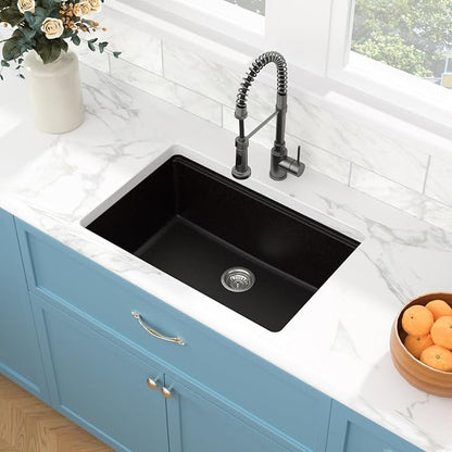 Sarlai Granite Composite Kitchen Sink - 28 Inch Black Undermount Kitchen Sink Ledge Workstation 28 x 19 Inch Matte Black Granite Quartz Composite Under-Mount Single Bowl Sinks Basin