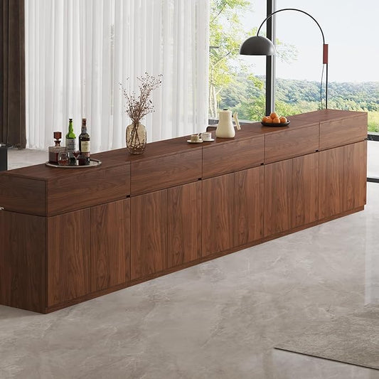 157.5" Buffet Cabinet with Drawers & Door, Console Table, Set of 5 Modular Stackable Sideboard Coffee Bar Cabinet with Adjustable Shelves, Matte Walnut Storage Accent Credenza for Living Room
