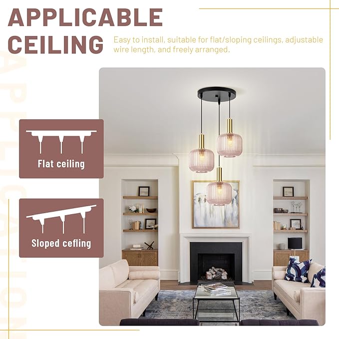 3-Lights Pink Glass Pendant Light with Striped Shade, 59" Adjustable Hanging Chandelier Vintage Industrial Ceiling Light Fixture for Dining Room Living Room Bedroom