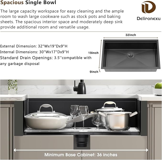 32-Inch Gunmetal Black Undermount Kitchen Sink Workstation - Delironexu 16 Gauge Stainless Steel Deep Single Bowl Kitchen Sinks 32x19x9, Includes Accessories (Pack of 4)