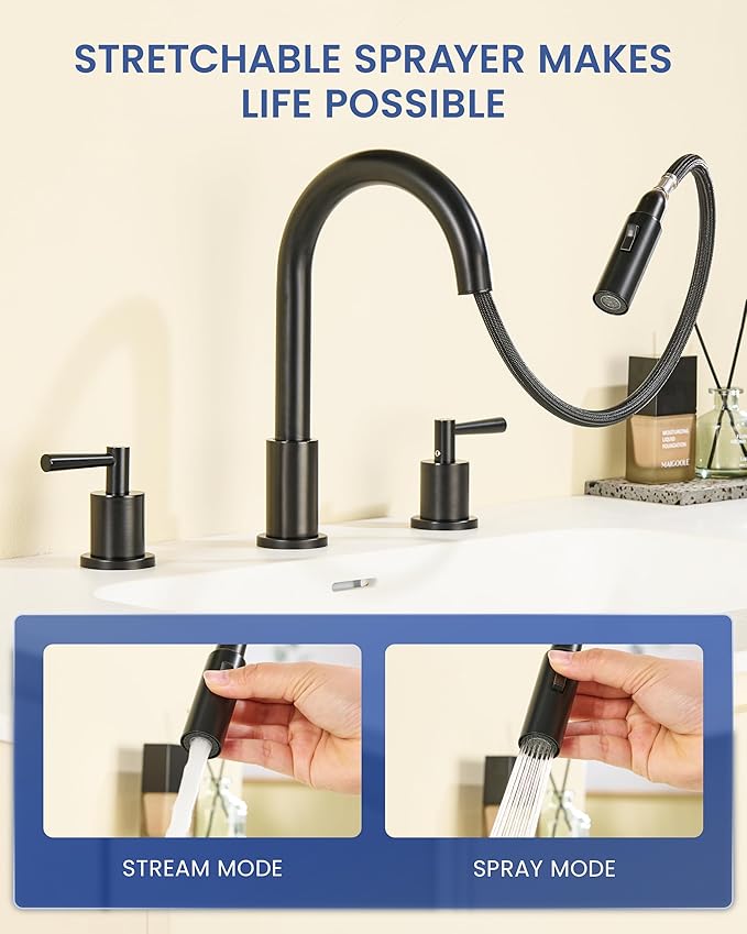 Black Bathroom Faucet 3 Hole - 8 Inch Matte Black Widespread Bathroom Faucet with Sprayer, Sink Faucet Bathroom 2 Handles - Pull Down Vanity Faucets with Pop Up Drain and Supply Lines