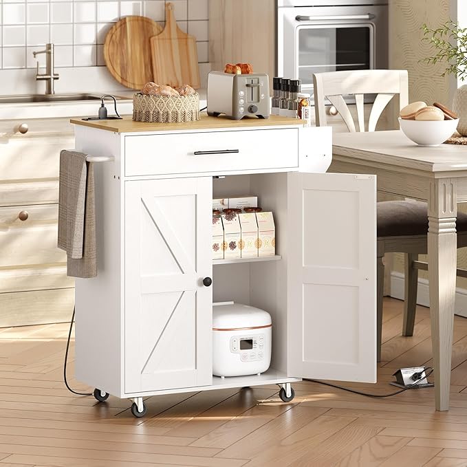 HOOBRO Kitchen Island with Power Outlet, Rolling Kitchen Island with Large Worktop, Kitchen Island Cart with Spice Rack and Drawer, Island Table for Dining Room, White and Natural WN88UZD01