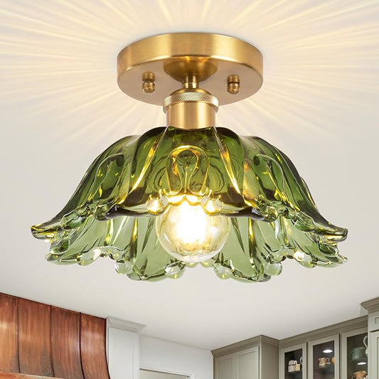 Semi Flush Mount Ceiling Light, Vintage Ceiling Light 11", Green Shade Glass Light Fixture for Kitchen Bedroom Dining Room,Bulb not Included