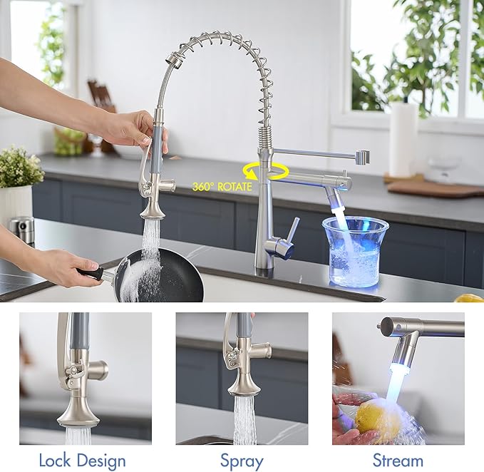 AIMADI Pull Down Kitchen Faucet with Sprayer,Commercial Single Handle Stainless Steel Brushed Nickel Kitchen Sink Faucet with LED Light