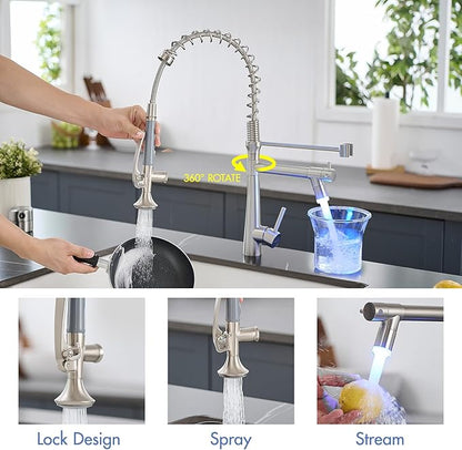AIMADI Pull Down Kitchen Faucet with Sprayer,Commercial Single Handle Stainless Steel Brushed Nickel Kitchen Sink Faucet with LED Light