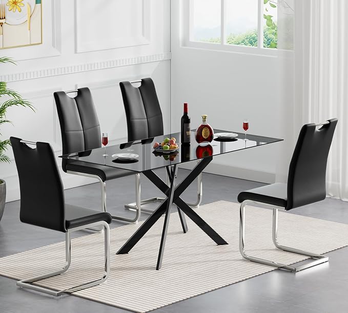 51.2'' Glass Dining Table for 4, Rectangular Dining Room Table for 4, X-Shape Black Metal Legs, Kitchen Dining Room Living Room Black Glass Top Kitchen Table for 2