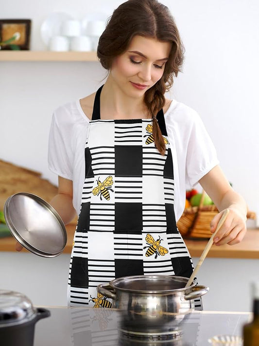 Bencailor 6 Pcs Spring Kitchen Aprons with Pockets Flower Rooster Bee Butterfly Sunflower Summer Aprons Bulk for Women(Yellow, Black, White,Sunflower Bee)