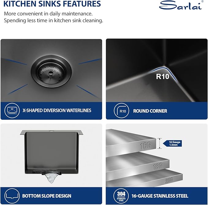 Sarlai 15 Black Drop Bar Sink - 15 x 15 Inch Bar Sink Drop In Topmount Square Gunmetal Black Stainless Steel 16 Gauge Single Bowl Drop Bar Prep RV Kitchen Sink