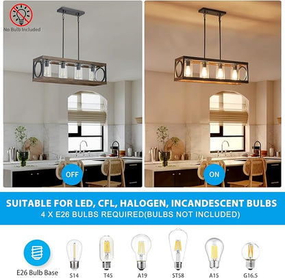 XINGQI 31.5" Industrial Rectangle Chandeliers for Kitchen Island Modern Farmhouse Vintage Linear Hanging 4-Light Fixture for Dining Room Living Room Office Black Wood Grain Finish with Glass Lampshade