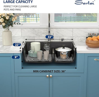 Sarlai 33 Granite Composite Kitchen Sink Double Bowl - 33"x22" Black Granite Kitchen Sink Drop In Ledge Workstation Double Bowl 60/40 Low Divided Quartz Composite Above Counter