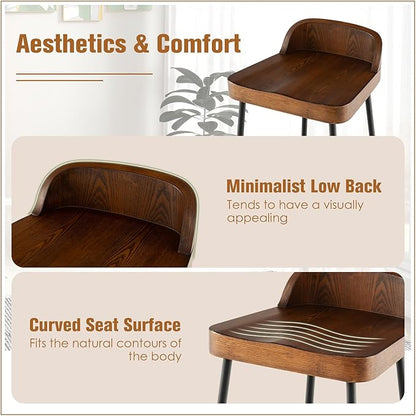 Giantex 29" Bar Height Bar Stools Set of 2, Industrial Wood Barstools with Metal Legs, Chic Low Back, Curved Seat Surface, Max Load 330 Lbs, Wooden Armless Bar Dining Chairs for Kitchen Island Pub