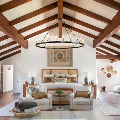 24-Lights 54" Extra Large Wagon Wheel Chandelier Farmhouse, Black and Gold Chandelier for High Ceilings, Rustic Chandeliers for Dining Room, Kitchen Island, Living Room, Foyer, Entryway