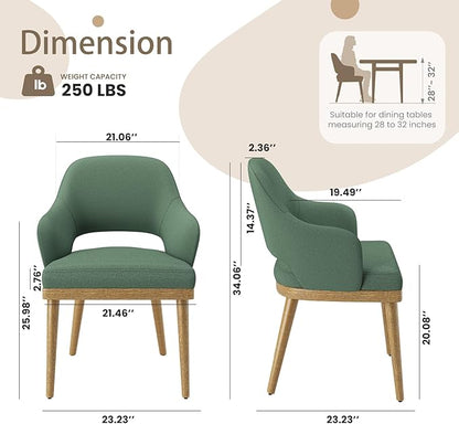MALOL Wooden Dining Chairs Set of 2, Modern Fabric Upholstered Dining Room Chair, Kitchen Side Chairs, Farmhouse Dinner Chair with Open Back for Kitchen, Green